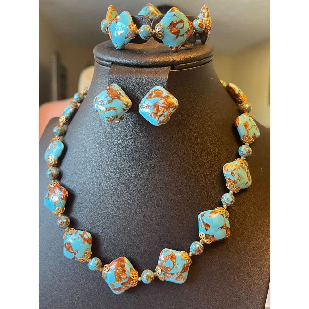 VTG Made In Italy Venetian Glass Turquoise Blue Aventurine 3-Piece Jewelry Set -